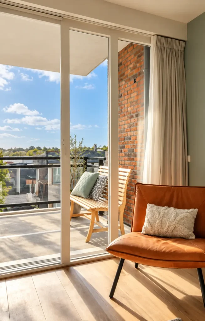 Sliding doors onto a balcony from a living room, made by Spittlywood
