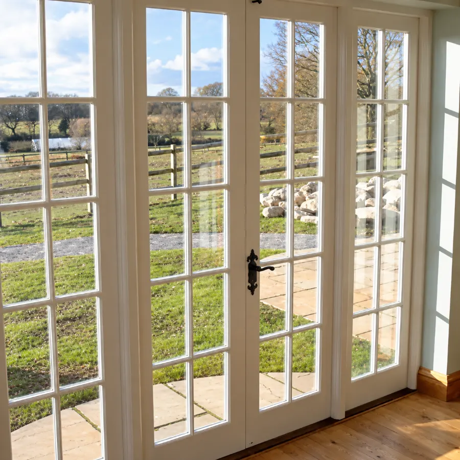 Timber French doors with Georgian bars looking onto fields, made by Spittlywood
