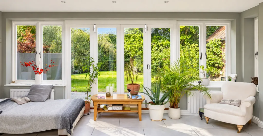 Inside a garden room with timber bifold doors, made by Spittlywood