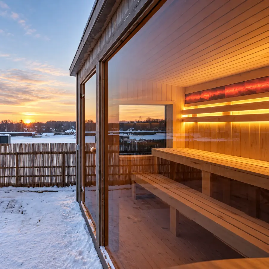 Glazed timber garden sauna lit at sunset, made by Spittlywood