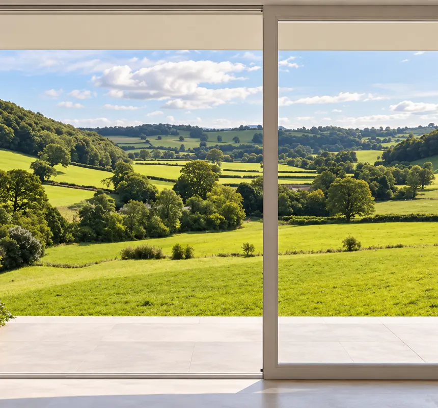 Lift and slide doors opening onto rolling countryside, made by Spittlywood