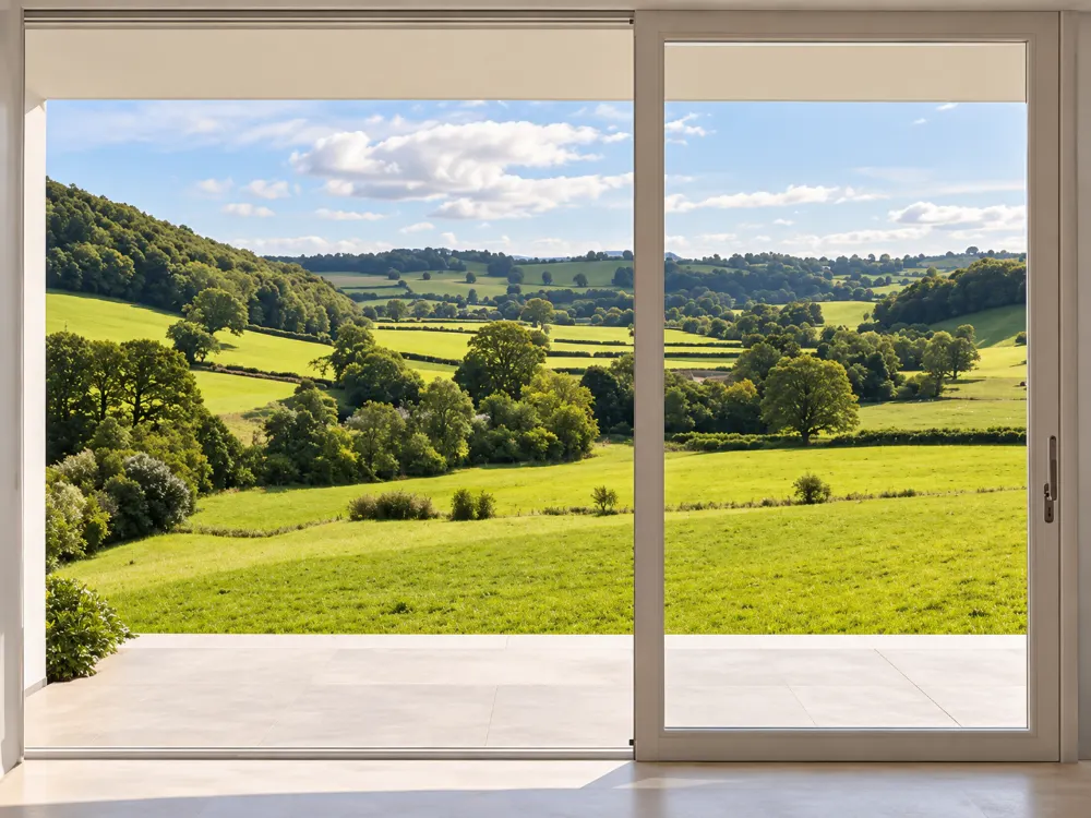 Lift and slide doors opening onto rolling countryside, made by Spittlywood