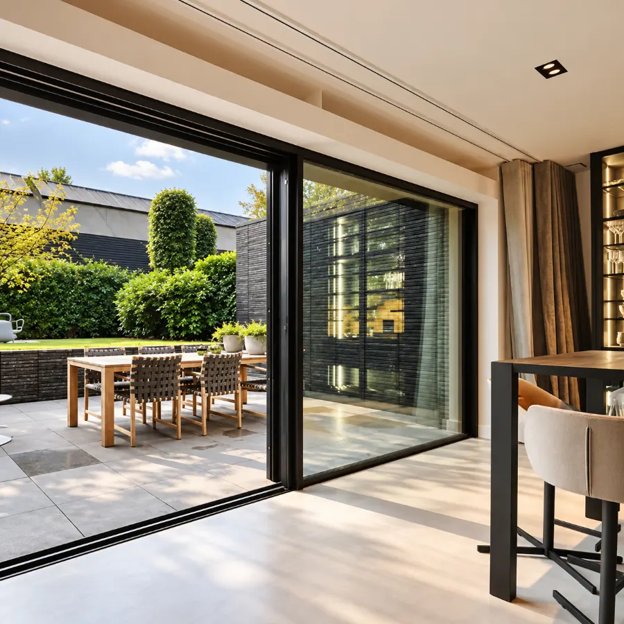Timber lift and slide doors open onto a dining terrace, made by Spittlywood
