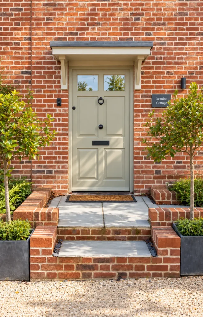 Sage green timber front door with a canopy on a brick cottage, made by Spittlywood