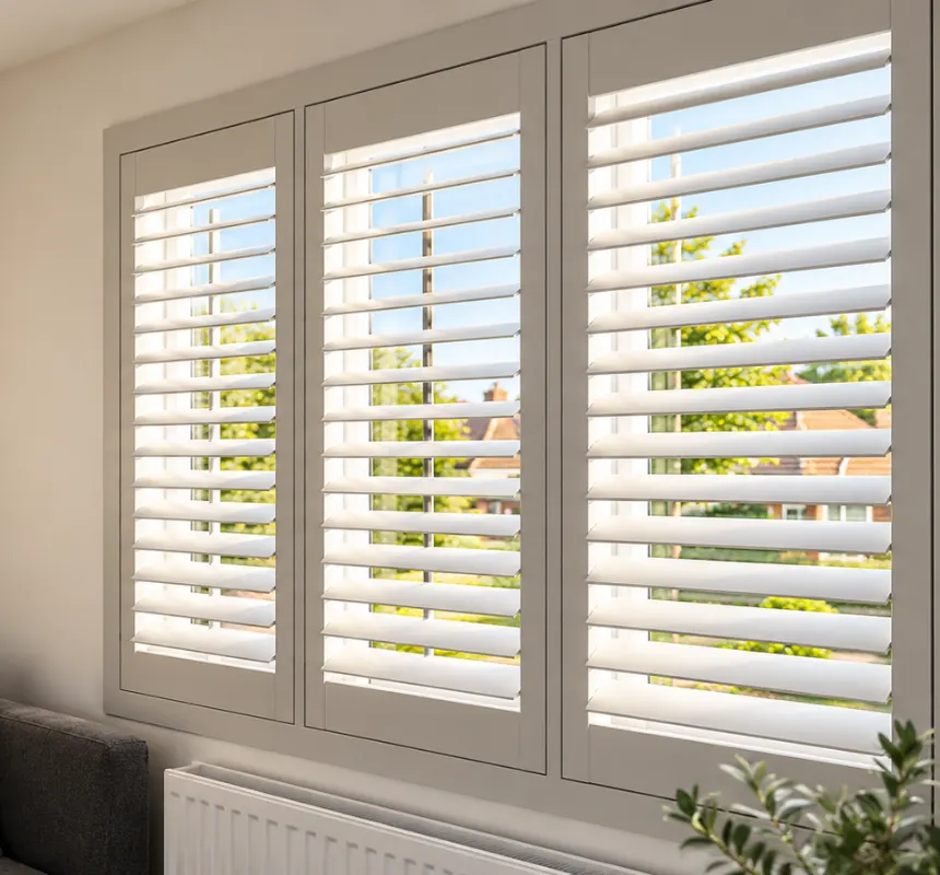White timber window shutters in a living room, made by Spittlywood