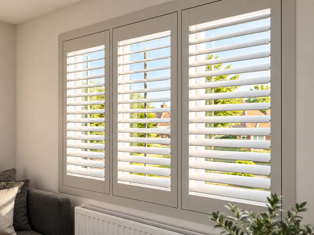 White timber window shutters in a living room, made by Spittlywood